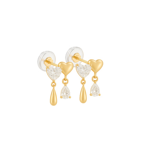 14K “Golden Heart Cascade” Earrings – Gold & CZ