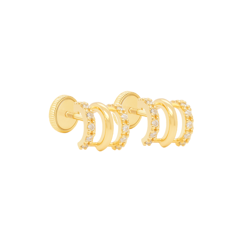 14K “Radiant Stacks” Triple Hoop Stud Earrings – Gold & CZ