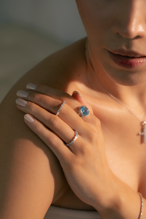 14K “Ocean Halo” Double Band Blue Diamond Ring – White Gold & Lab Diamonds