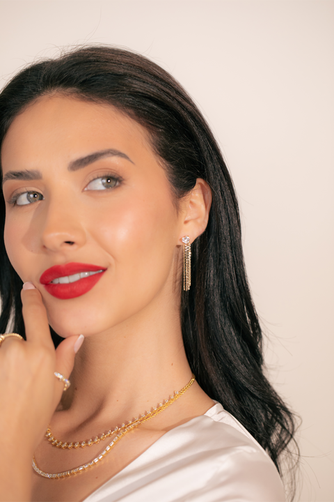 14K “Golden Heartfall” Pink CZ Tassel Earrings