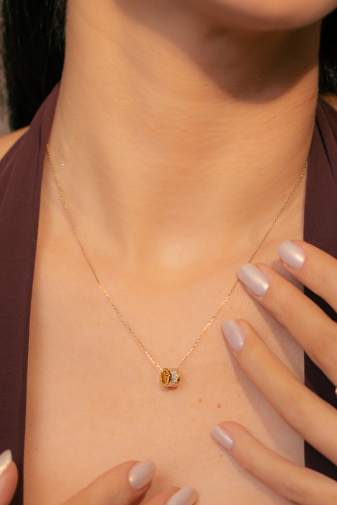 14K “Golden Orbit Charm”  Zirconia Bead Necklace – Gold & Baguette CZ