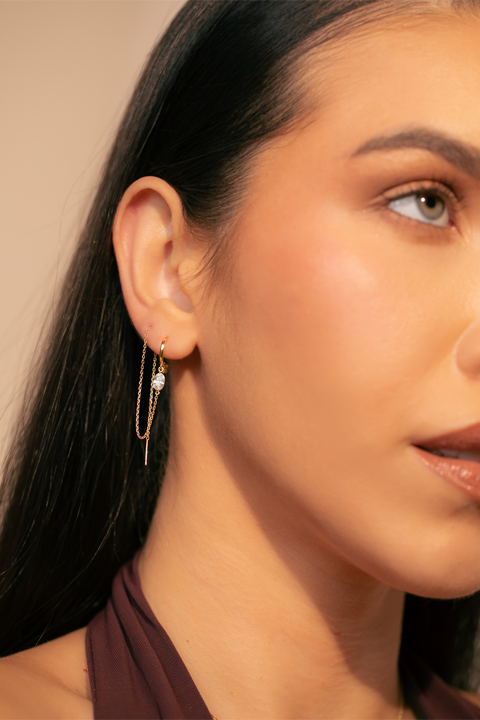 14K Oval Cubic Zirconia with infinity chain Huggie