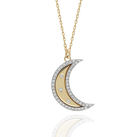 14K Crescent Moon Pavé Pendant Necklace