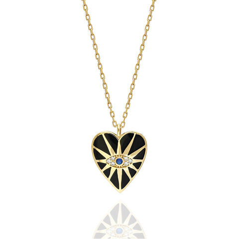 14K Black Enamel Heart Protector Eye Necklace