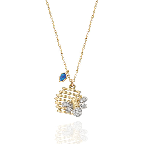 14K Beehive & Pavé Bee Necklace — Blue Marquise Accent