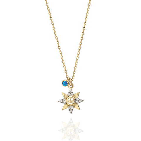 14K Smiley Starburst Necklace with Opal Charm