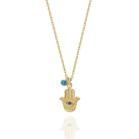 14K Hamsa Protector Eye Necklace with Opal Charm