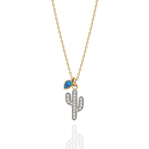 14K Pavé Cactus Necklace with Opal Charm