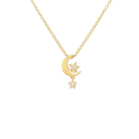14k Diamond Moon and Little Stars Necklace